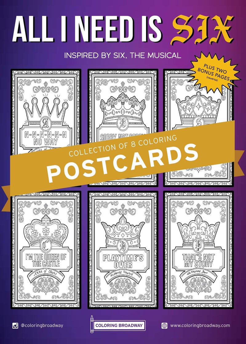 Coloring Broadway SIX -"All I Need is Six" Collection - Coloring Postcards - Hand-Drawn Illustrations by Coloring Broadway. Printed on Matte Card Stock. (5" x 7" - Set of 8 Individual Designs) - Image 1